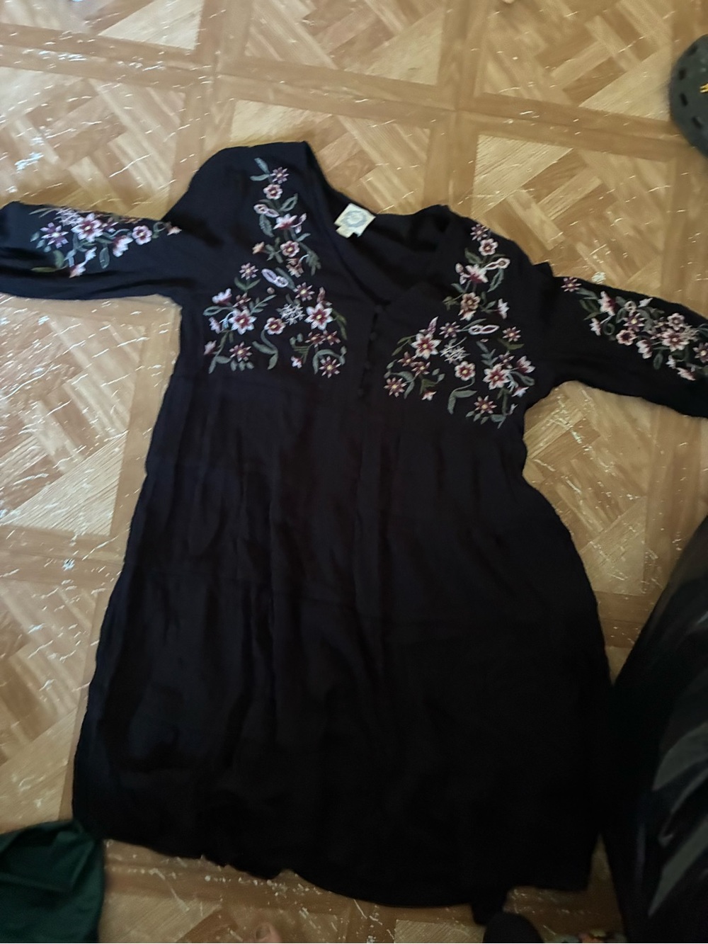 Blue Rain Black Long Sleeve Dress with Pink & Green Floral Embroidery